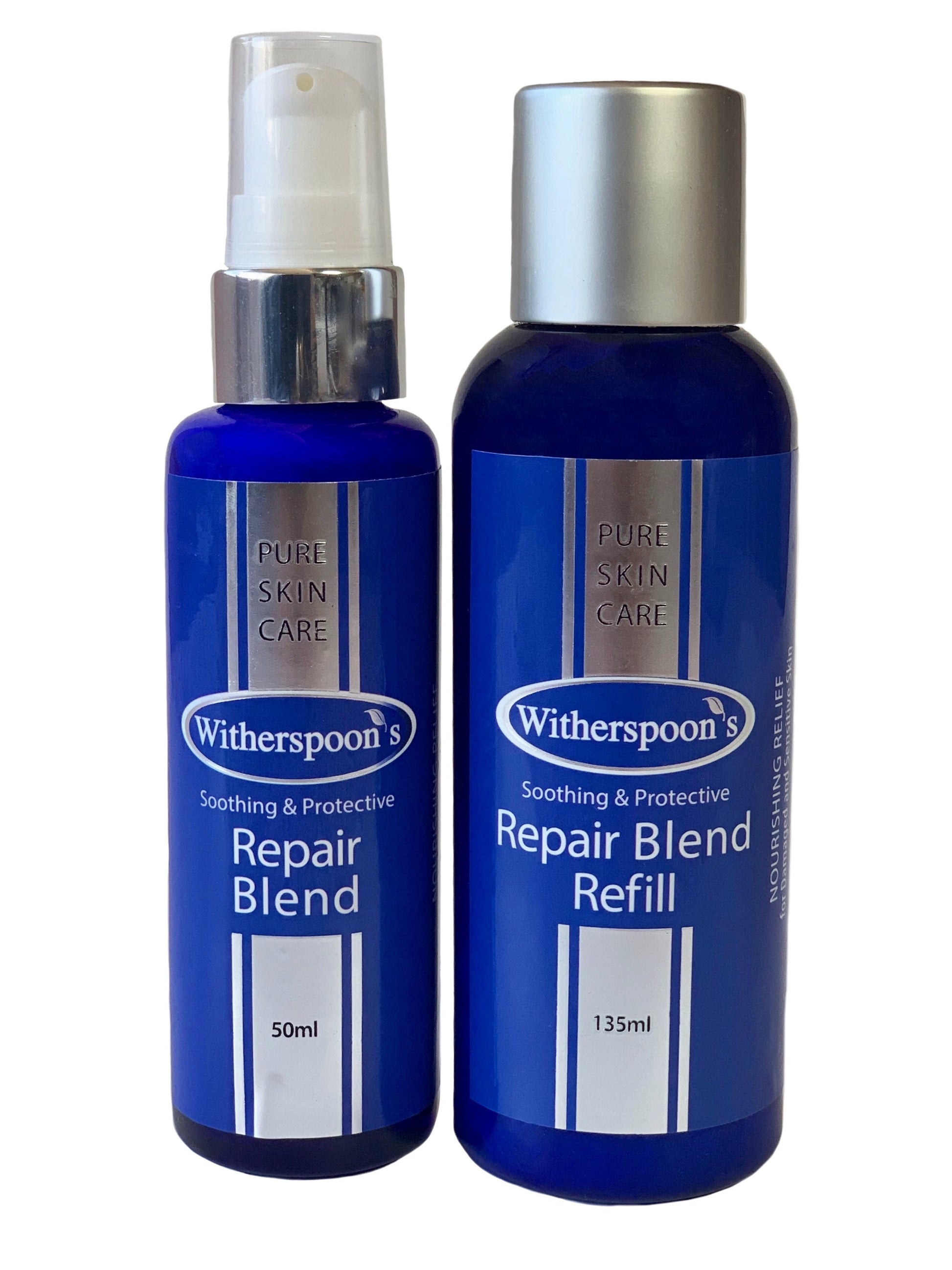 Witherspoon's Repair Blend. Two sizes 50ml and 135ml. Bottles are blue. Can be used on rashes, eczema, dermatitis, cuts, scrapes, bruises, swelling, insect bites, stitches, sores of all kinds, acne, chapped or cracked skin. It may also be added to clean dressings or as a natural substitute for Cortisone creams. 