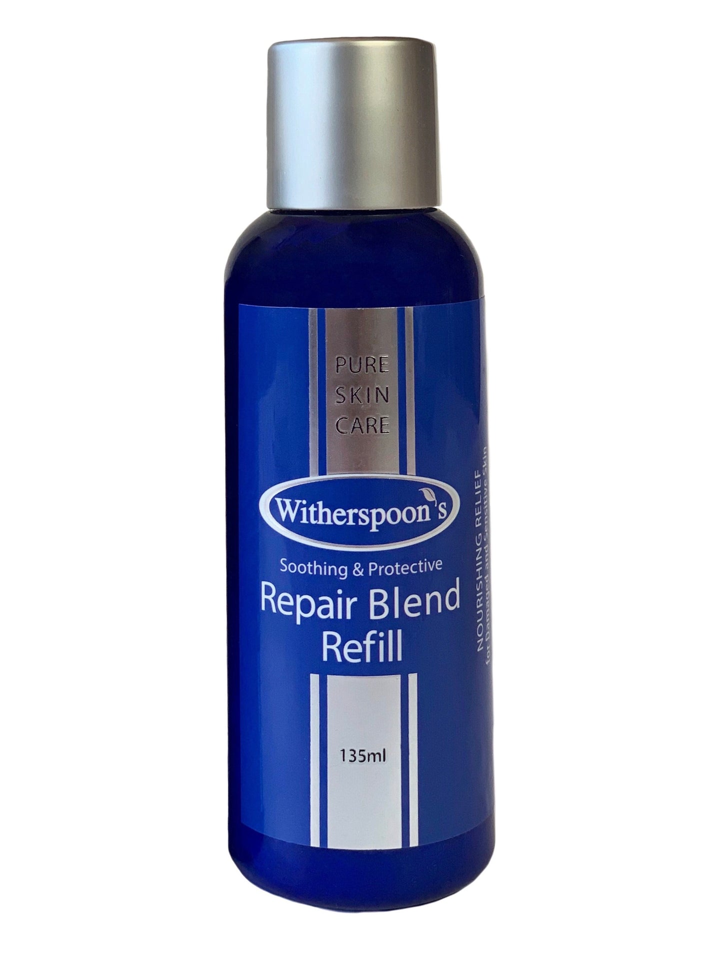 Witherspoons Repair Blend Refill 135ml Bottle with flip top lid. Can be used on rashes, eczema, dermatitis, cuts, scrapes, bruises, swelling, insect bites, stitches, sores of all kinds, acne, chapped or cracked skin. It may also be added to clean dressings or as a natural substitute for Cortisone creams.