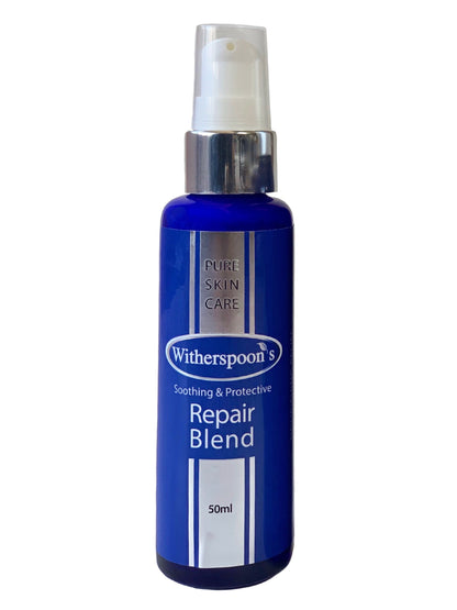 Witherspoons Repair Blend 50ml Bottle with flip top lid. Can be used on rashes, eczema, dermatitis, cuts, scrapes, bruises, swelling, insect bites, stitches, sores of all kinds, acne, chapped or cracked skin. It may also be added to clean dressings or as a natural substitute for Cortisone creams.
