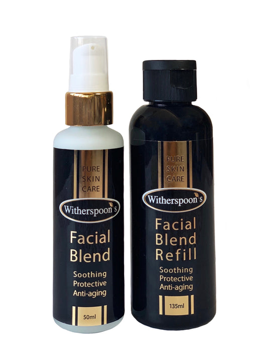 Witherspoon's Facial Blend. Australian made Anti-aging serum. Dry skin moisturiser for sensitive skin. Comes in two sizes: 50ml with pump and 135ml with flip top lid. Concentrated formula, use with damp hands. For all skin types