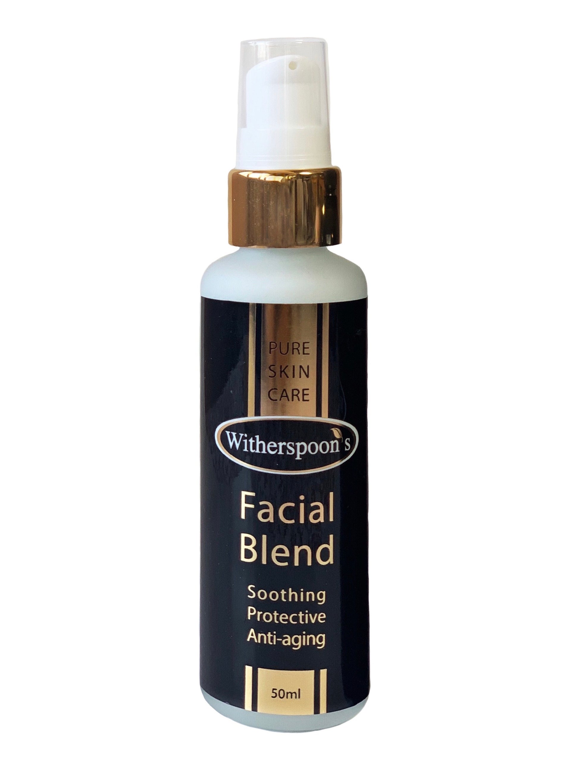 Witherspoon's Facial Blend. Australian made Anti-aging serum. Dry skin moisturiser for sensitive skin. Comes in two sizes: 50ml with pump lid. Concentrated formula, use with damp hands. For all skin types