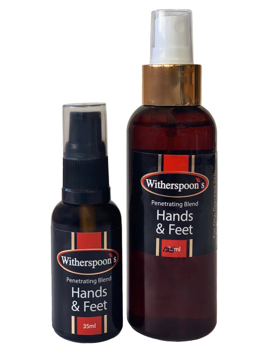 Witherspoon's Hands & Feet. Hydrating oils for hands, body and feet. Hydrating for dry skin, cracked feet or cuticles.  Treats eczema, dermatitis and dry damaged skin. Comes in two sizes: 35ml and 125ml